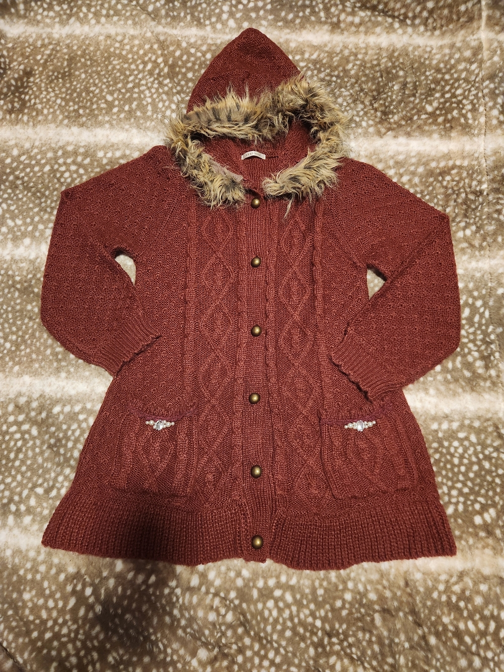 Axes Femme buegandy knit fux fur hooded jewled button up jacket